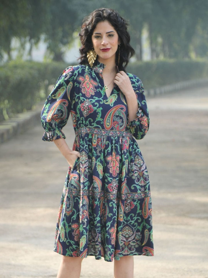 Avani Del Amour Dress Navy Blue Paisley Print Tiered Shirt Dress