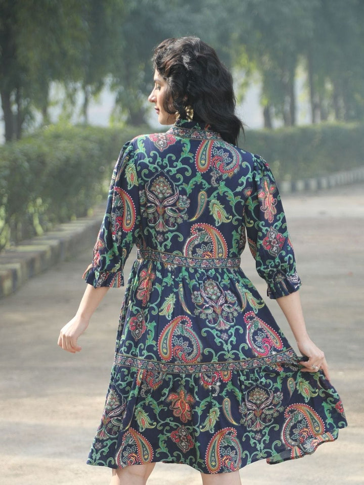 Avani Del Amour Dress Navy Blue Paisley Print Tiered Shirt Dress
