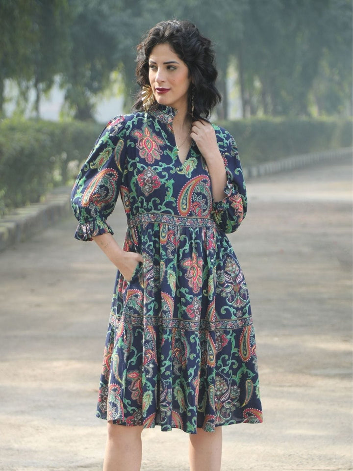 Avani Del Amour Dress Navy Blue Paisley Print Tiered Shirt Dress