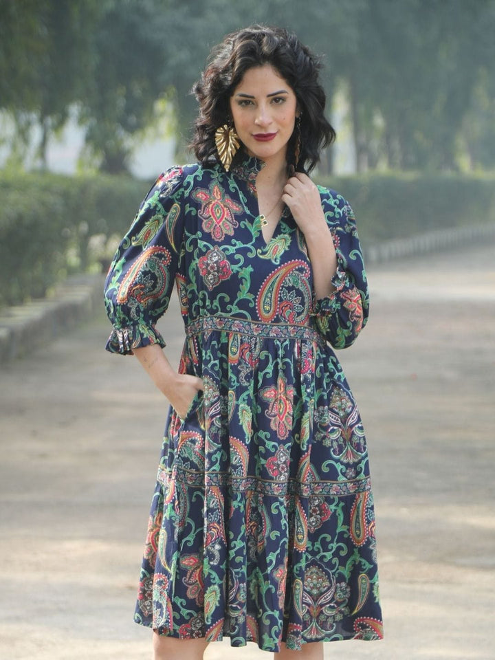 Avani Del Amour Dress Navy Blue Paisley Print Tiered Shirt Dress