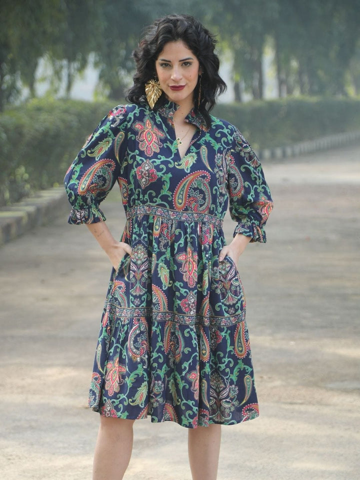Avani Del Amour Dress Navy Blue Paisley Print Tiered Shirt Dress