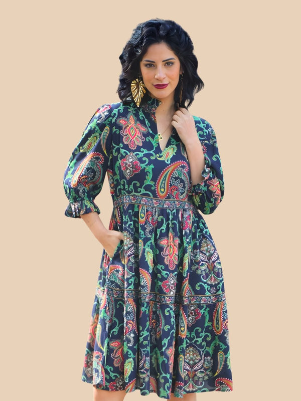Avani Del Amour Dress Navy Blue Paisley Print Tiered Shirt Dress