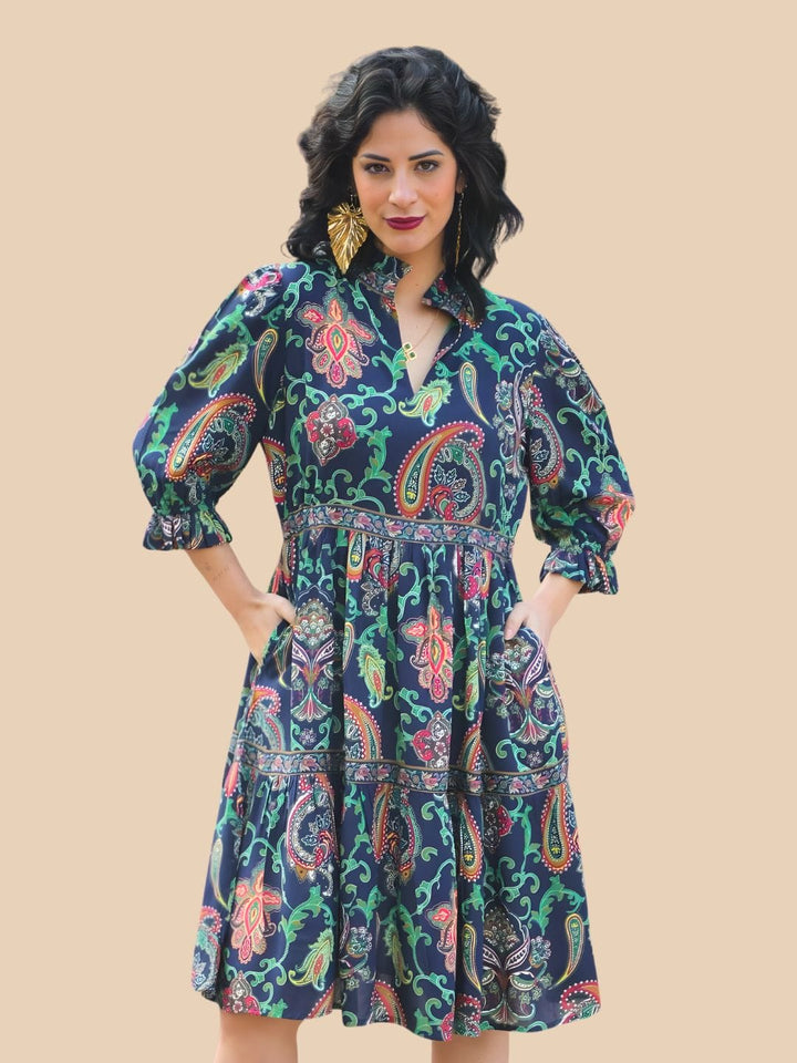 Avani Del Amour Dress Navy Blue Paisley Print Tiered Shirt Dress