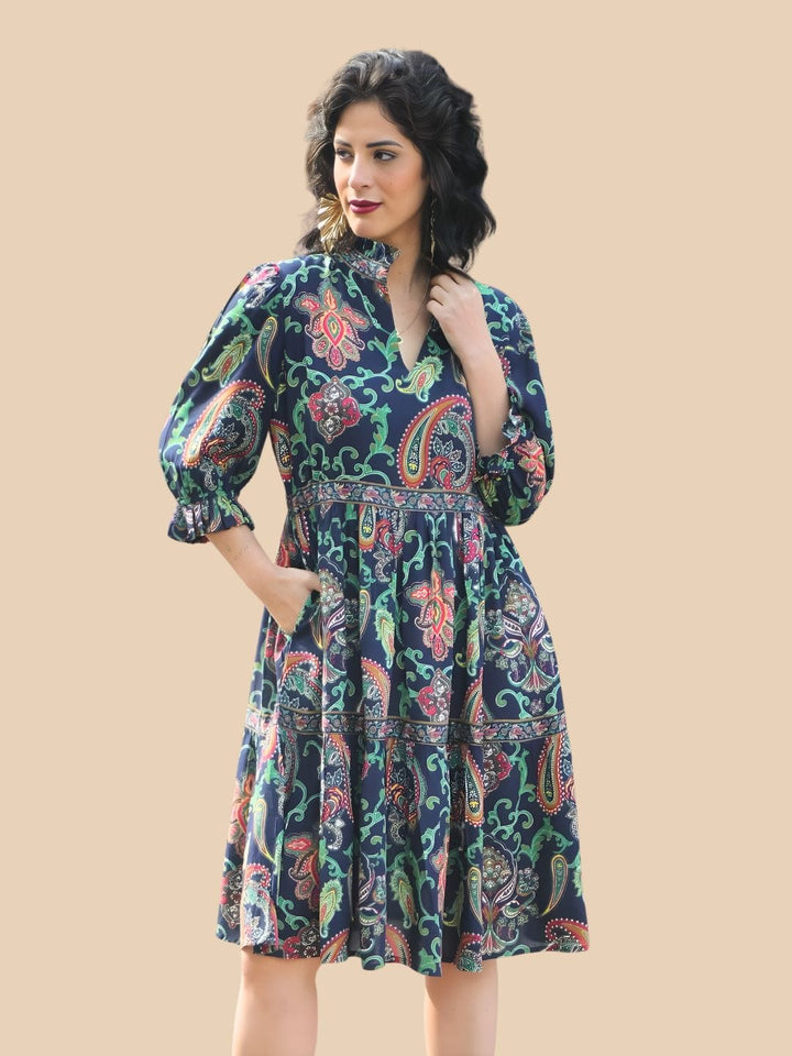 Avani Del Amour Dress Navy Blue Paisley Print Tiered Shirt Dress