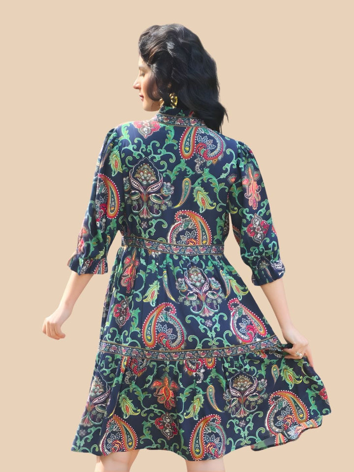 Avani Del Amour Dress Navy Blue Paisley Print Tiered Shirt Dress