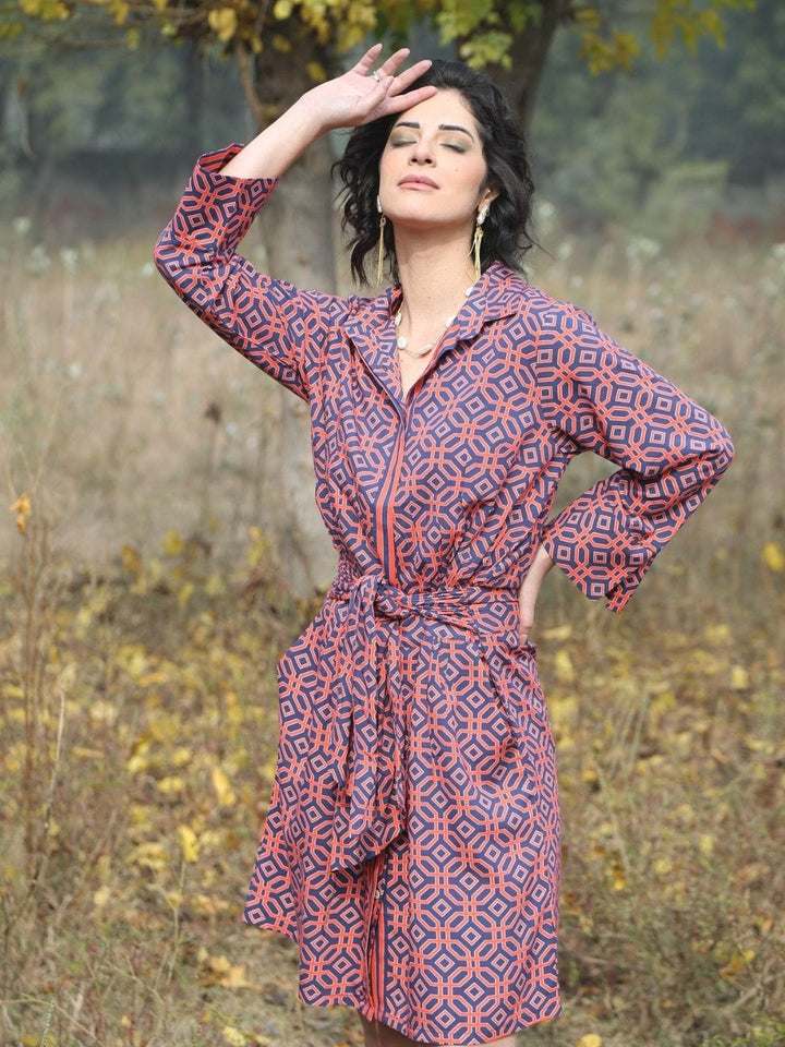 Avani Del Amour Dress Ochtex Navy Geometric Print Belted Shirt Dress