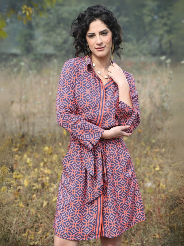 Avani Del Amour Dress Ochtex Navy Geometric Print Belted Shirt Dress