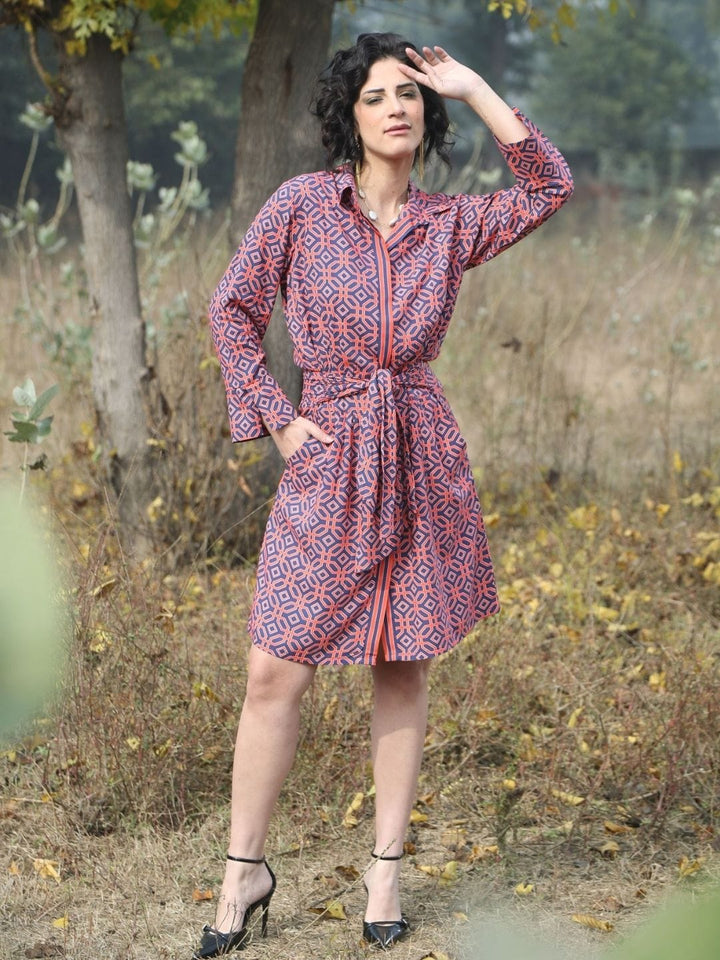 Avani Del Amour Dress Ochtex Navy Geometric Print Belted Shirt Dress