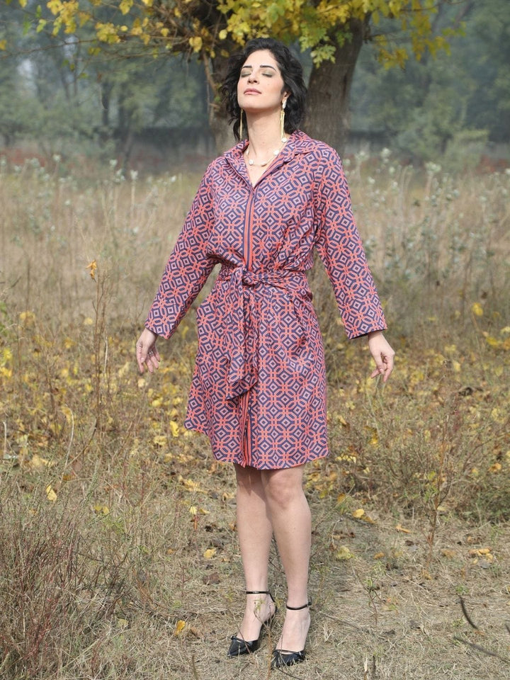 Avani Del Amour Dress Ochtex Navy Geometric Print Belted Shirt Dress