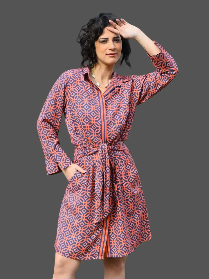 Avani Del Amour Dress Ochtex Navy Geometric Print Belted Shirt Dress