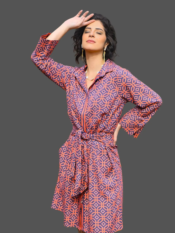 Avani Del Amour Dress Ochtex Navy Geometric Print Belted Shirt Dress