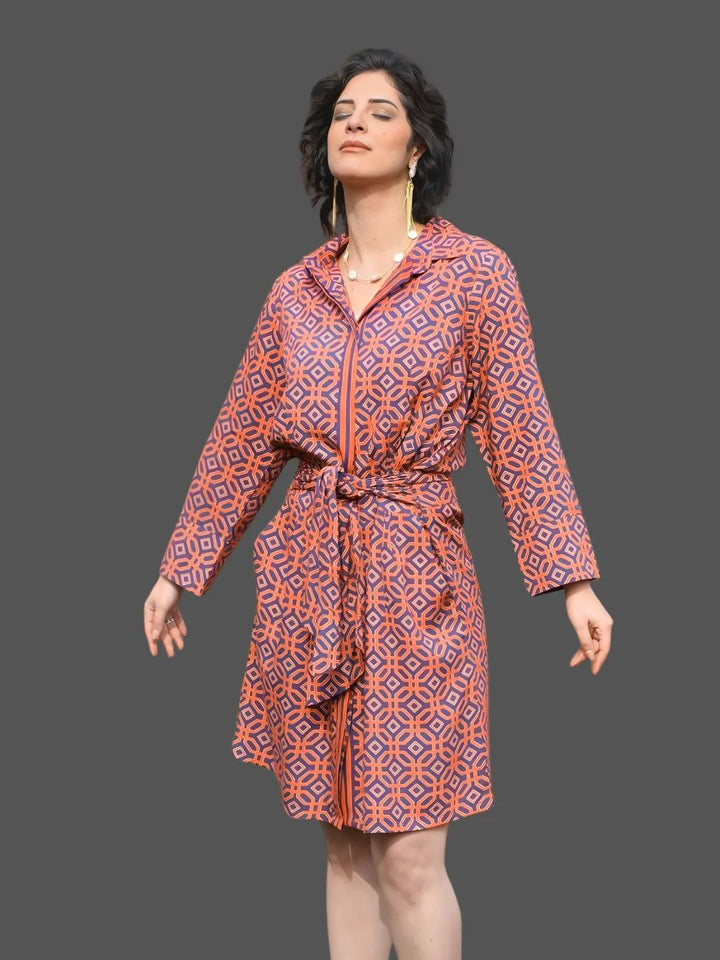 Avani Del Amour Dress Ochtex Navy Geometric Print Belted Shirt Dress