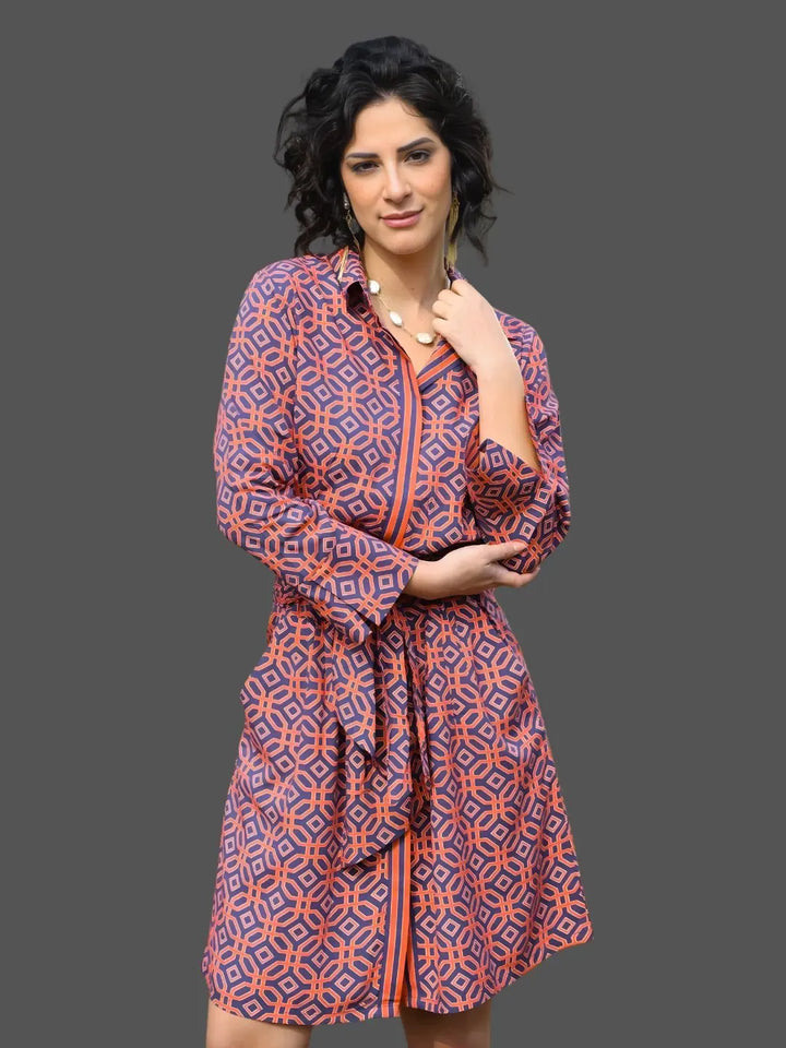 Avani Del Amour Dress Ochtex Navy Geometric Print Belted Shirt Dress
