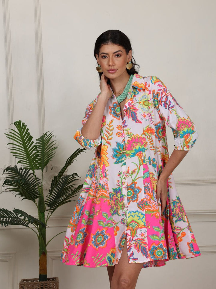 Avani Del Amour Dress Pink & white Jacobean floral print flare dress