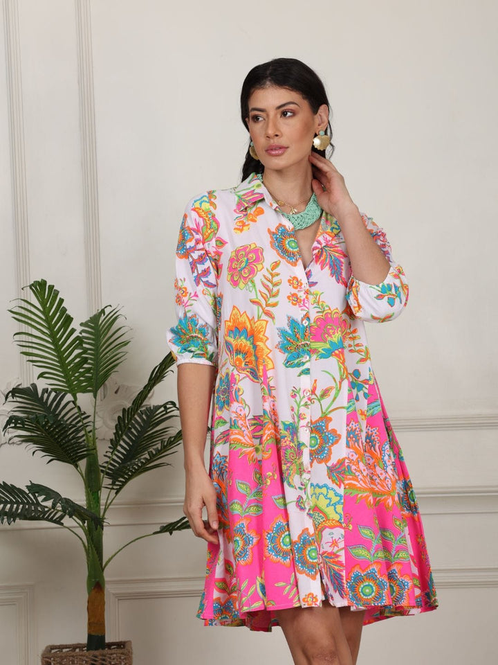 Avani Del Amour Dress Pink & white Jacobean floral print flare dress