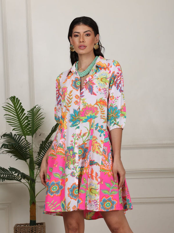 Avani Del Amour Dress Pink & white Jacobean floral print flare dress