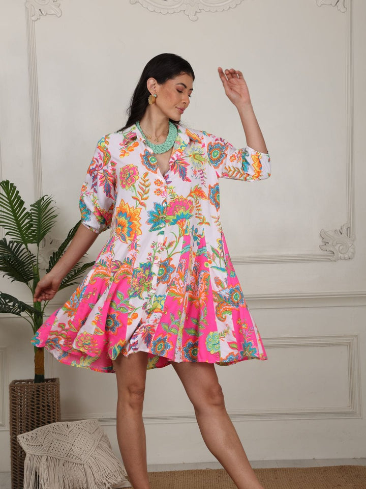 Avani Del Amour Dress Pink & white Jacobean floral print flare dress