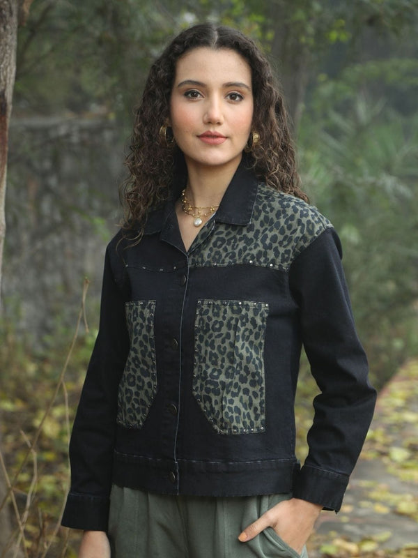 Avani Del Amour Jacket Black Leopard Patch Black Denim Jacket