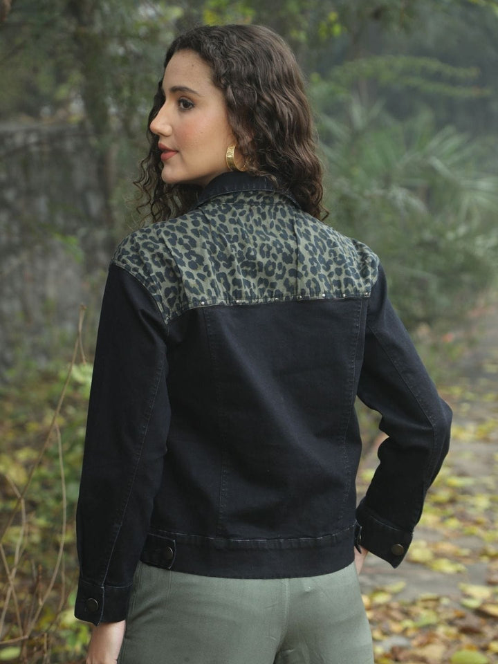Avani Del Amour Jacket Black Leopard Patch Black Denim Jacket