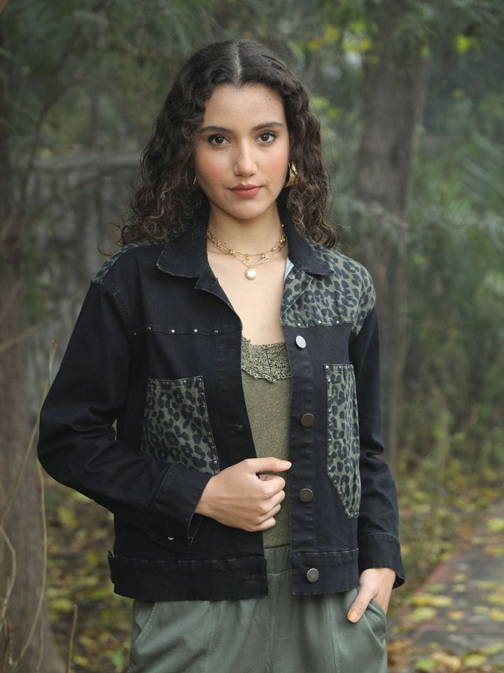 Avani Del Amour Jacket Black Leopard Patch Black Denim Jacket