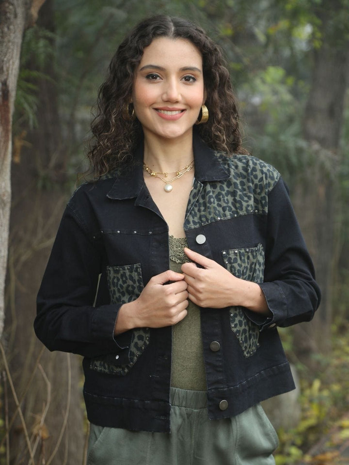 Avani Del Amour Jacket Black Leopard Patch Black Denim Jacket