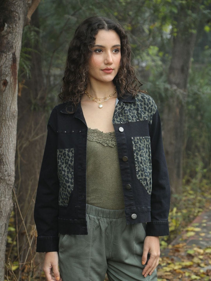 Avani Del Amour Jacket Black Leopard Patch Black Denim Jacket