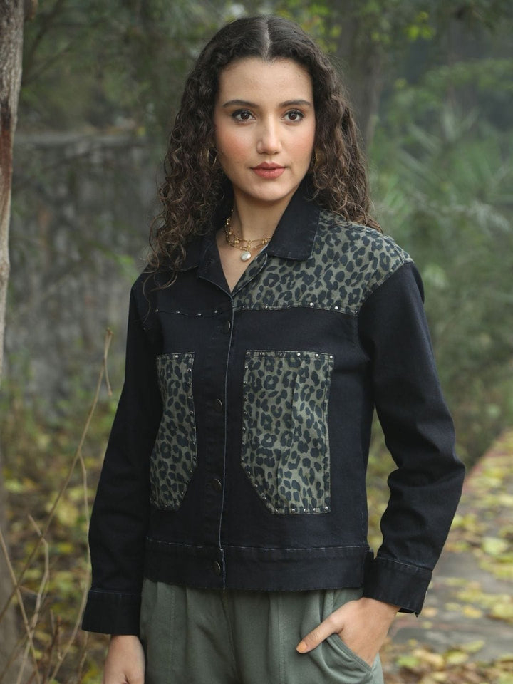 Avani Del Amour Jacket Black Leopard Patch Black Denim Jacket