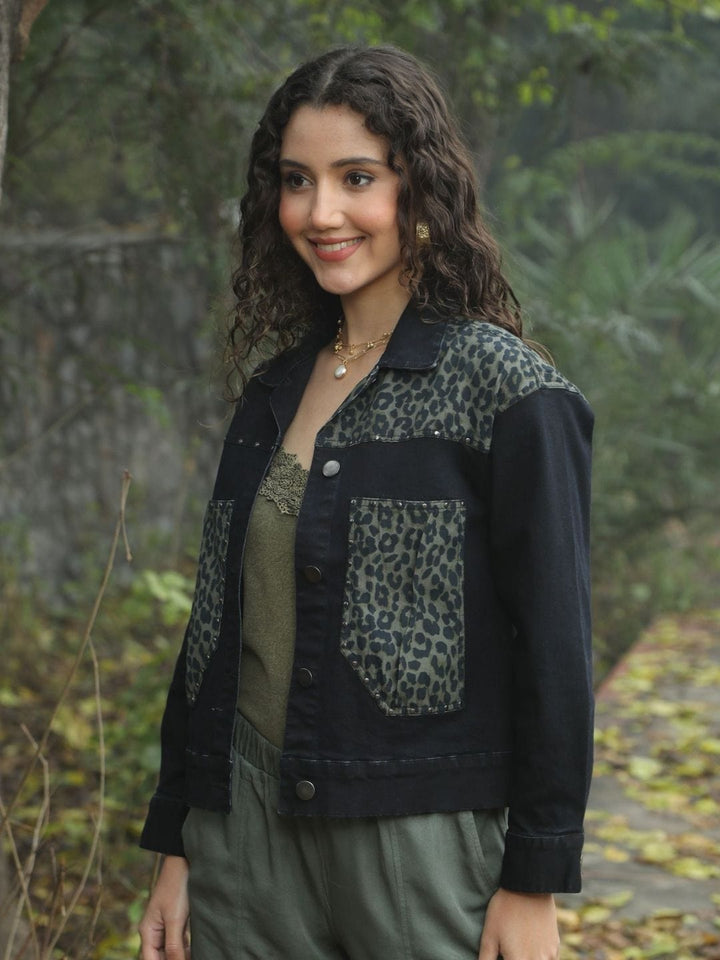 Avani Del Amour Jacket Black Leopard Patch Black Denim Jacket