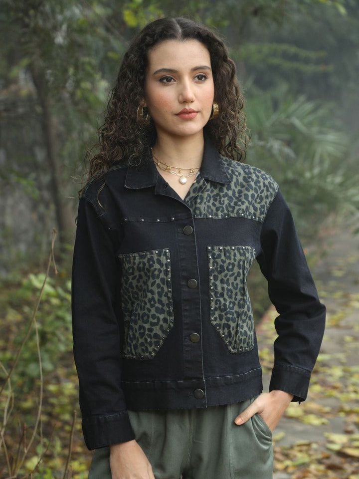 Avani Del Amour Jacket Black Leopard Patch Black Denim Jacket