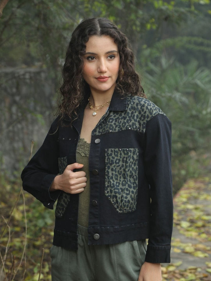 Avani Del Amour Jacket Black Leopard Patch Black Denim Jacket