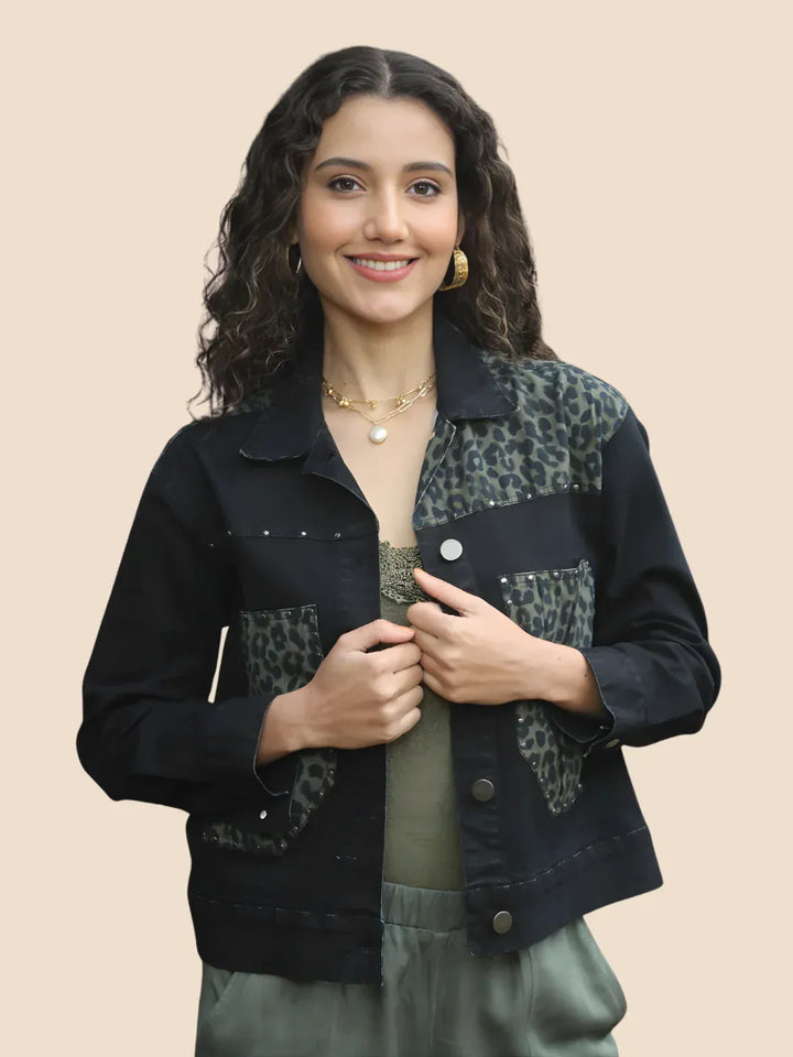 Avani Del Amour Jacket Black Leopard Patch Black Denim Jacket