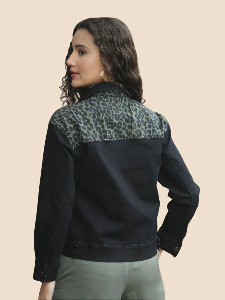Avani Del Amour Jacket Black Leopard Patch Black Denim Jacket