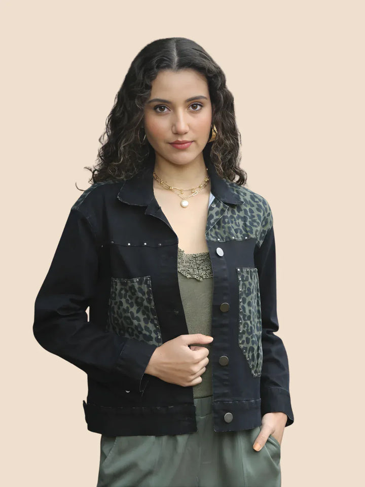 Avani Del Amour Jacket Black Leopard Patch Black Denim Jacket