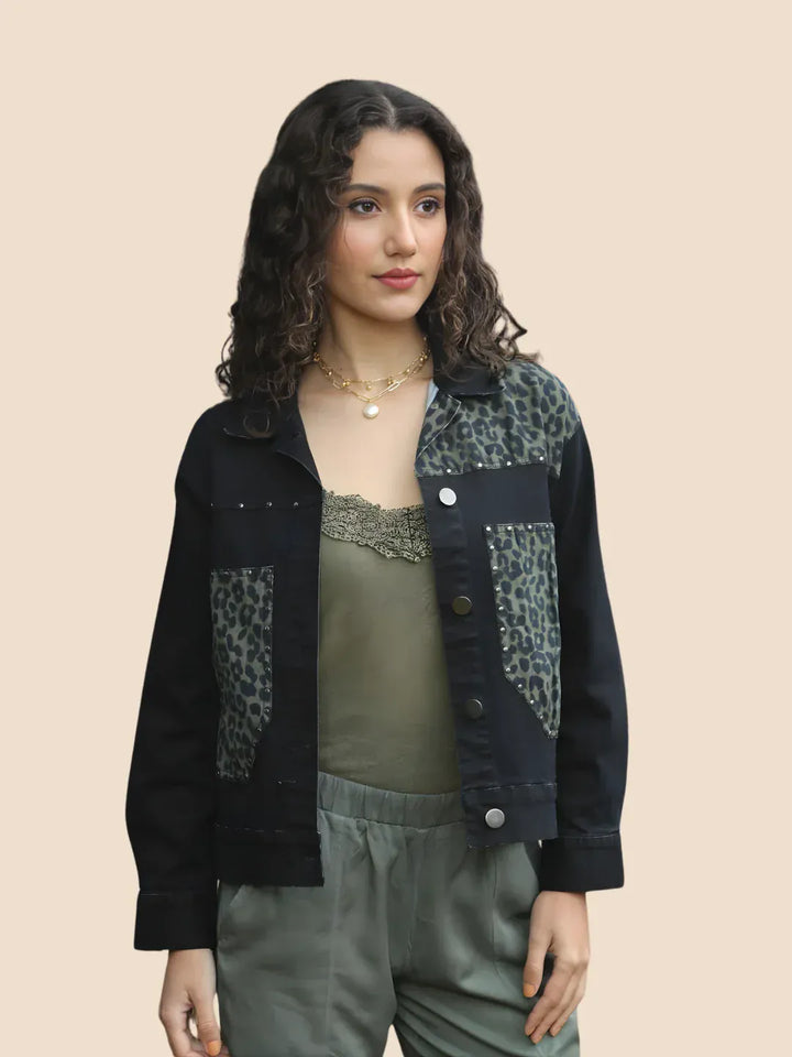 Avani Del Amour Jacket Black Leopard Patch Black Denim Jacket