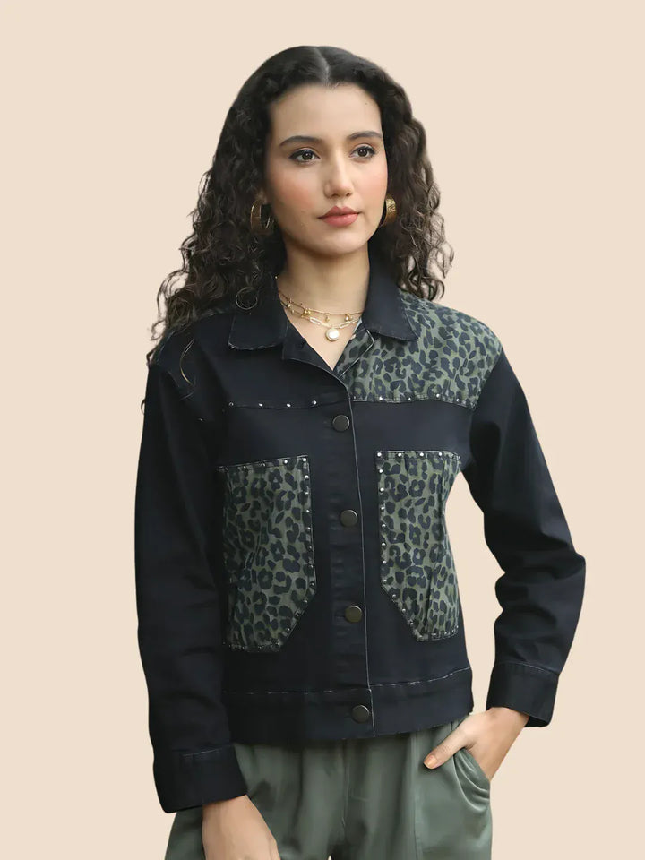 Avani Del Amour Jacket Black Leopard Patch Black Denim Jacket