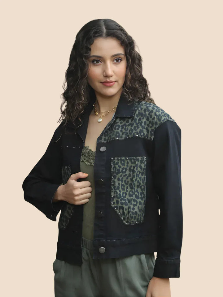 Avani Del Amour Jacket Black Leopard Patch Black Denim Jacket