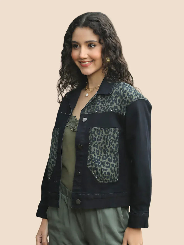 Avani Del Amour Jacket Black Leopard Patch Black Denim Jacket