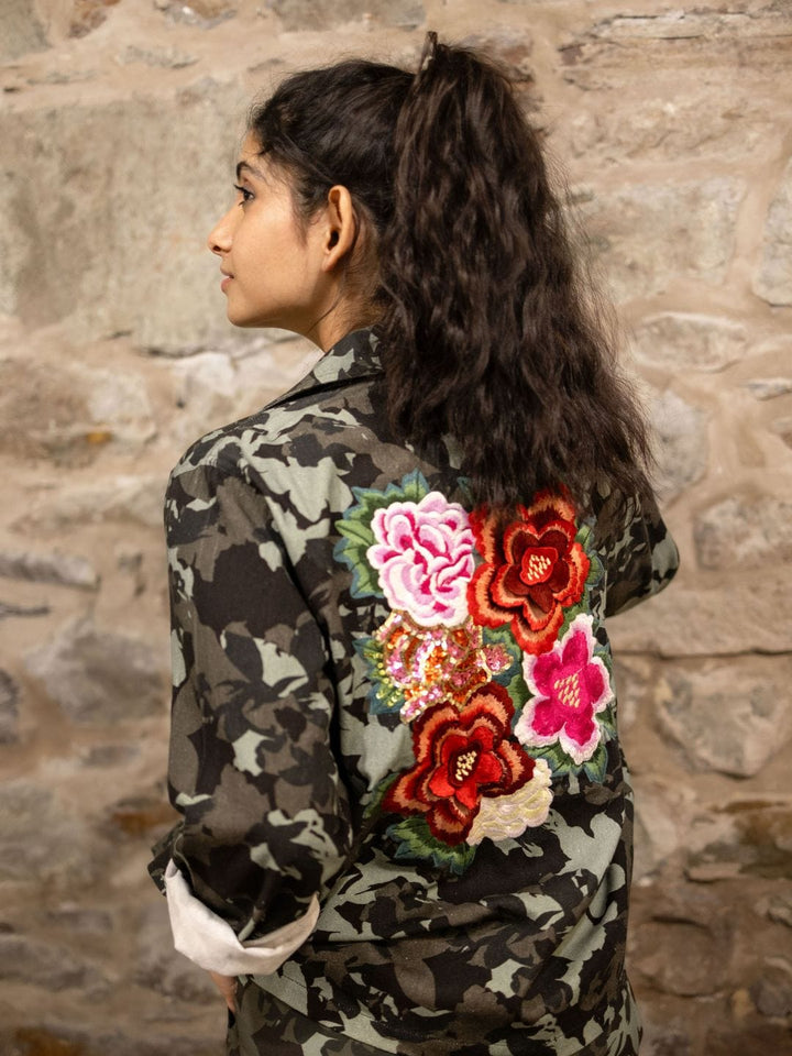 Avani Del Amour Jacket Camouflage Cotton Jacket with Bold Floral Embroidery