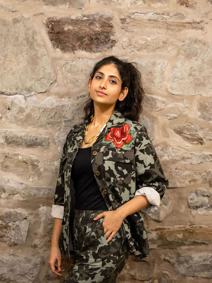 Avani Del Amour Jacket Camouflage Cotton Jacket with Bold Floral Embroidery