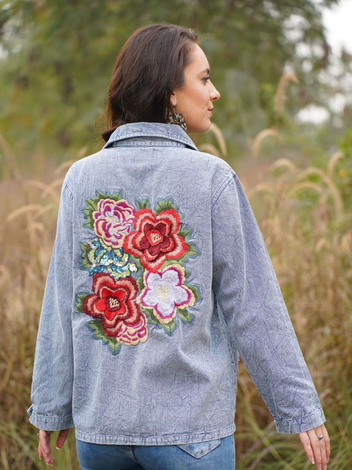 Avani Del Amour Jacket Denim Blue 3D Flower Jacket