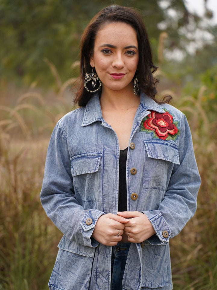 Avani Del Amour Jacket Denim Blue 3D Flower Jacket