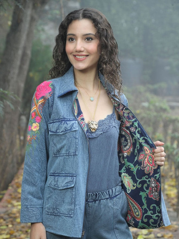 Avani Del Amour Jacket Denim Blue Reversible Embroidered Jacket