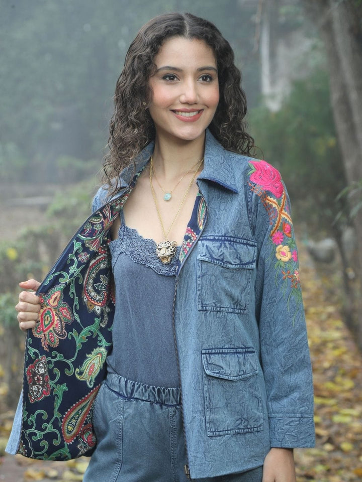 Avani Del Amour Jacket Denim Blue Reversible Embroidered Jacket