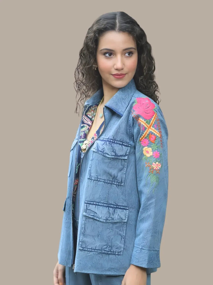 Avani Del Amour Jacket Denim Blue Reversible Embroidered Jacket