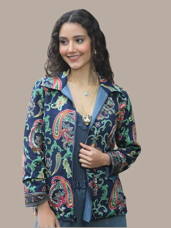 Avani Del Amour Jacket Denim Blue Reversible Embroidered Jacket