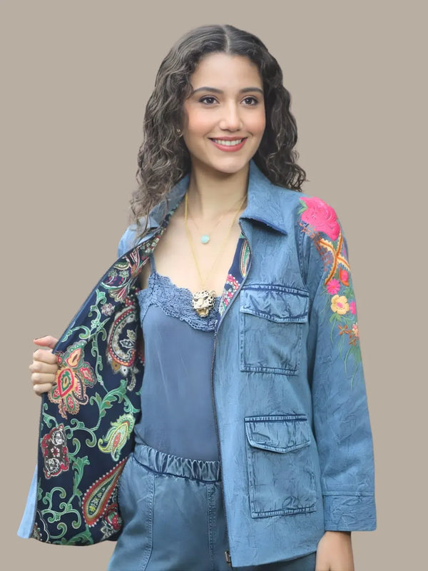 Avani Del Amour Jacket Denim Blue Reversible Embroidered Jacket