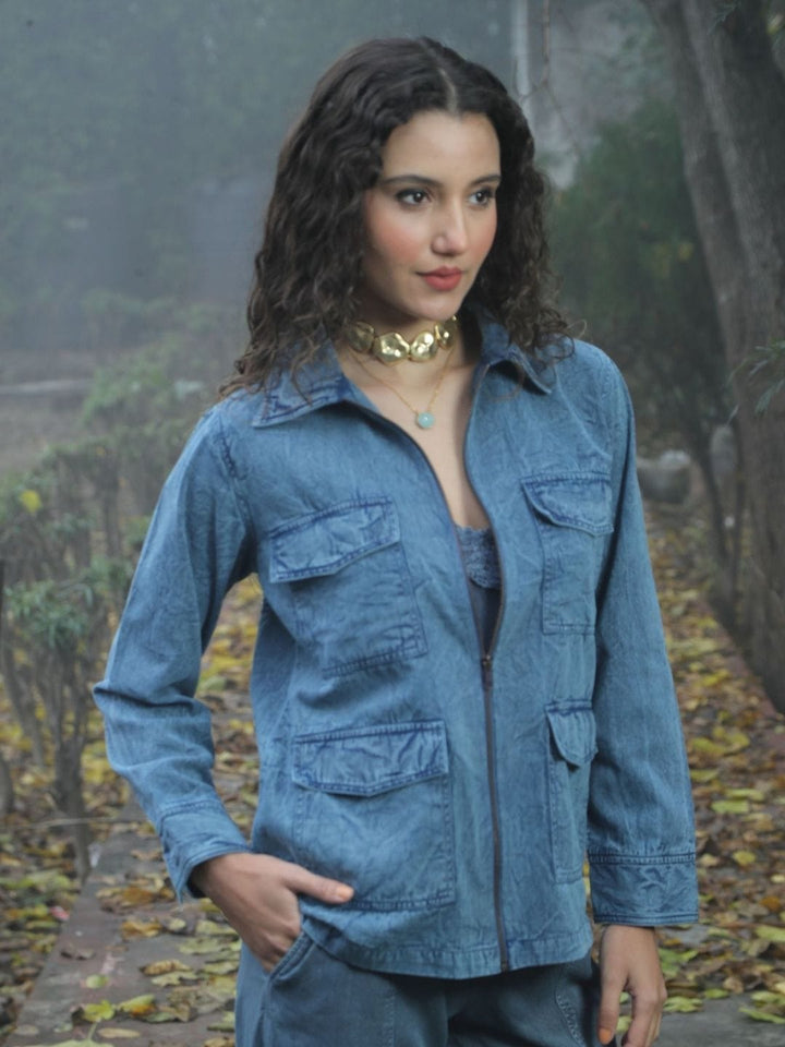 Avani Del Amour Jacket Desert Cactus Embroidered Utility Jacket – Denim Blue Cotton Twill