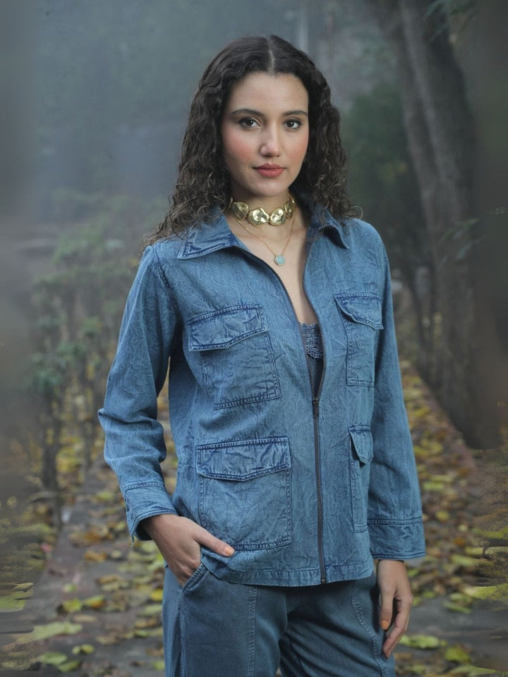 Avani Del Amour Jacket Desert Cactus Embroidered Utility Jacket – Denim Blue Cotton Twill