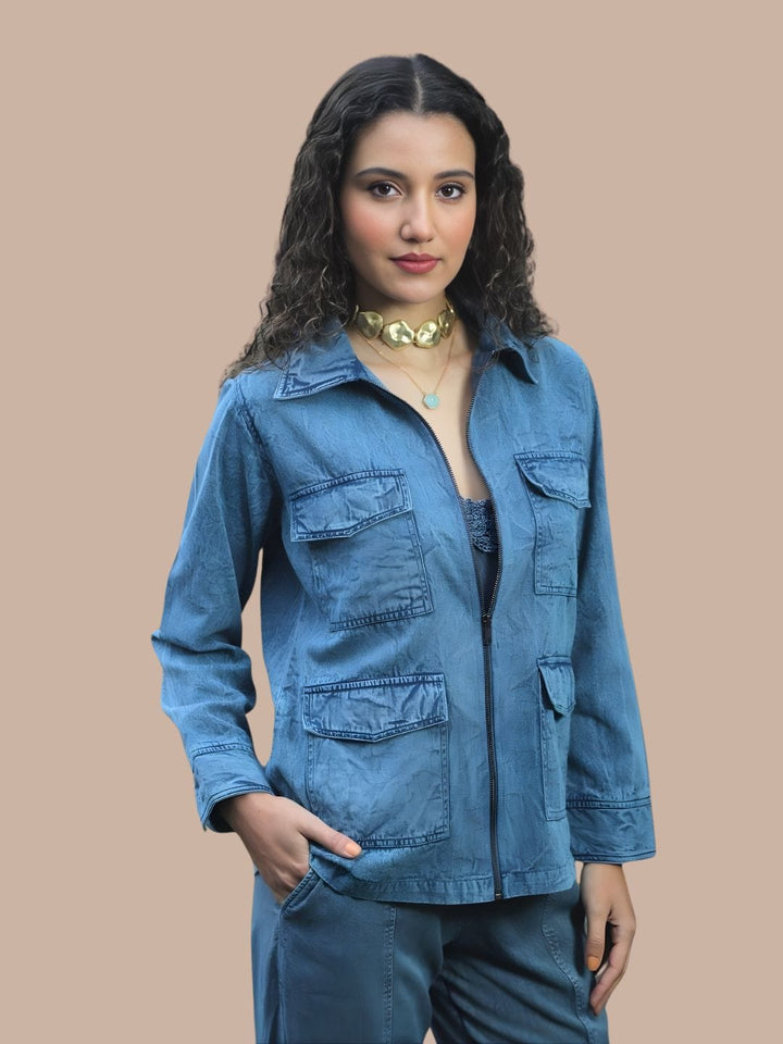 Avani Del Amour Jacket Desert Cactus Embroidered Utility Jacket –Denim Cotton Twill