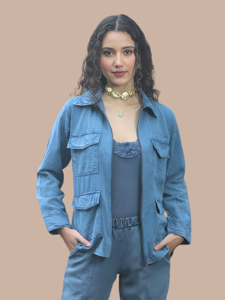 Avani Del Amour Jacket Desert Cactus Embroidered Utility Jacket –Denim Cotton Twill